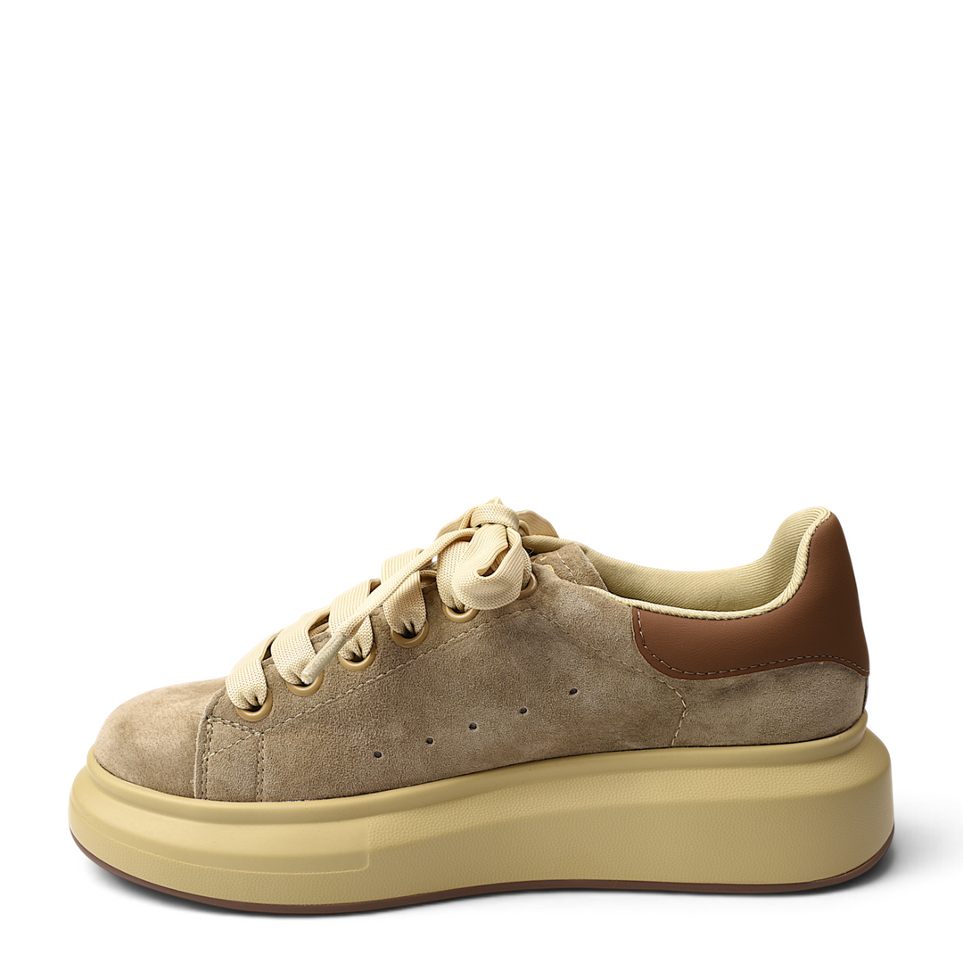 ada-shoes.ro Pass Collection beige suede sneakers with a thick platform sole and brown heel detail.