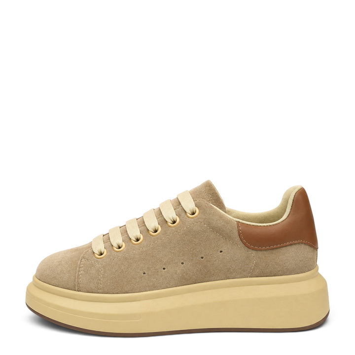 ada-shoes.ro Pass Collection beige suede sneakers with a thick platform sole and brown leather heel detail.