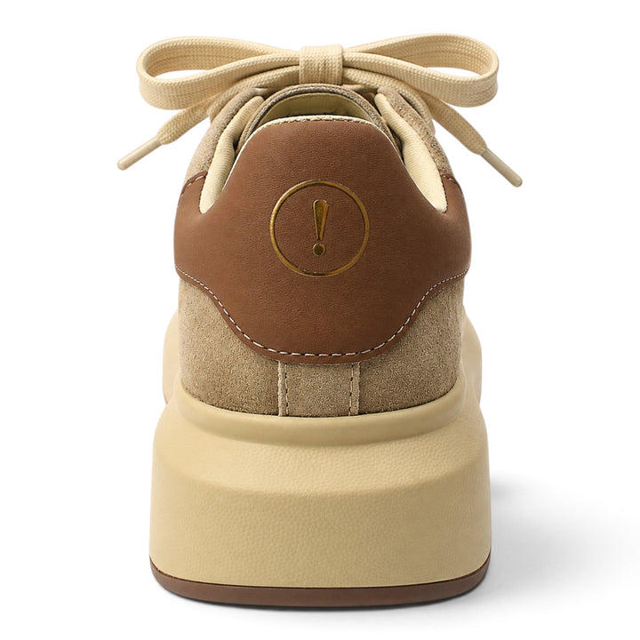 ada-shoes.ro Pass Collection beige suede sneakers with brown leather heel detail and thick platform sole, back view