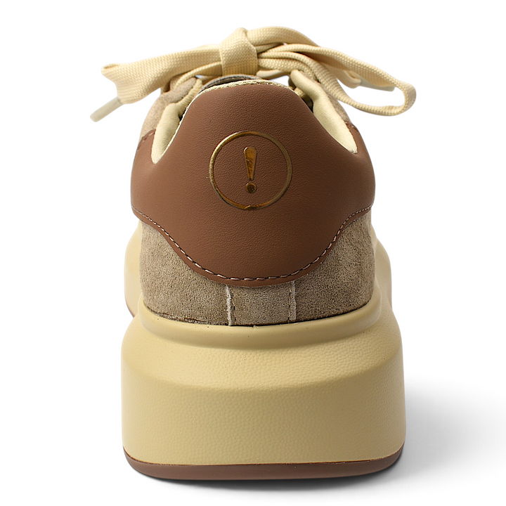 ada-shoes.ro Pass Collection beige suede sneakers with a brown heel tab and gold exclamation mark logo detail