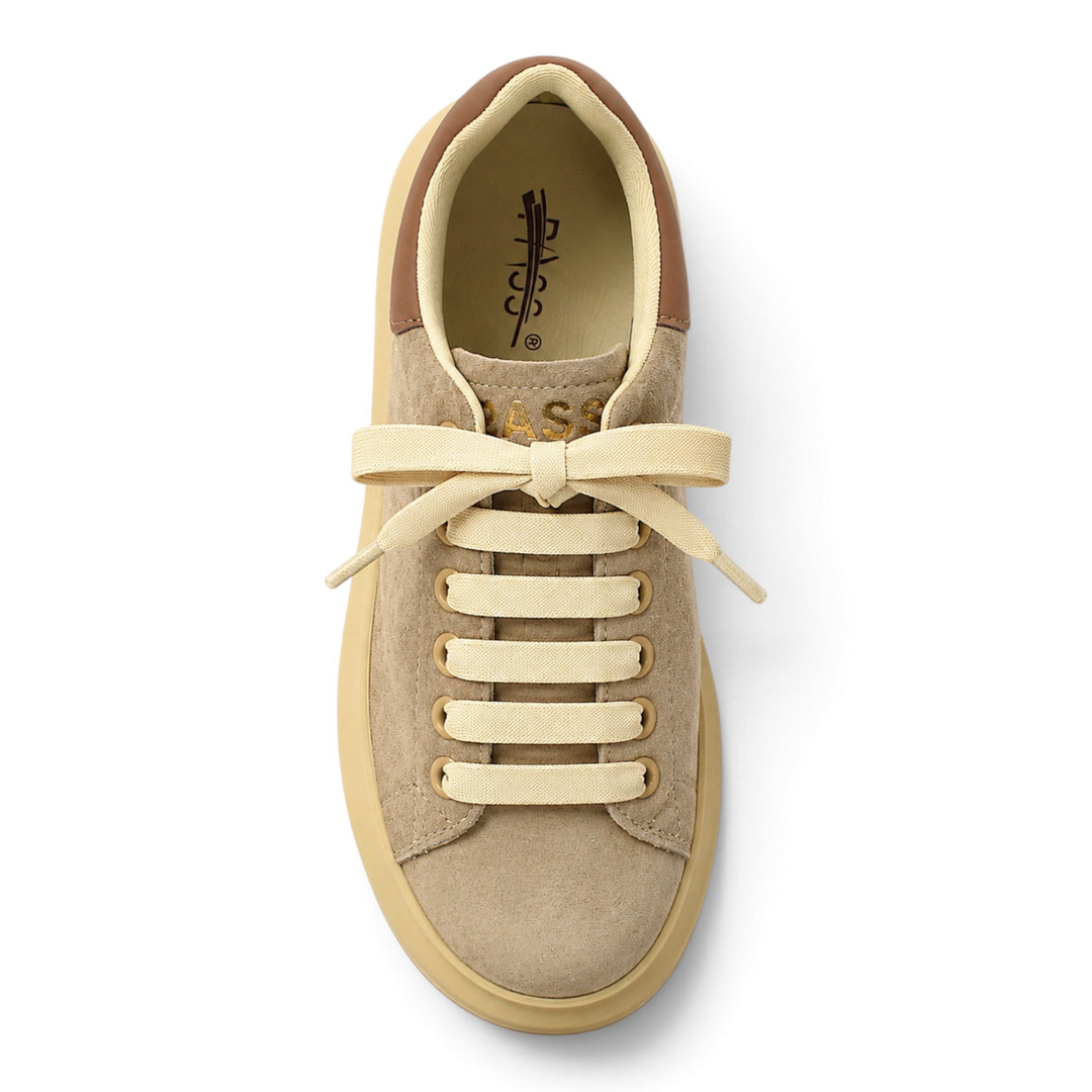 ada-shoes.ro Pass Collection beige suede sneakers with thick laces and a flexible platform sole, top view.