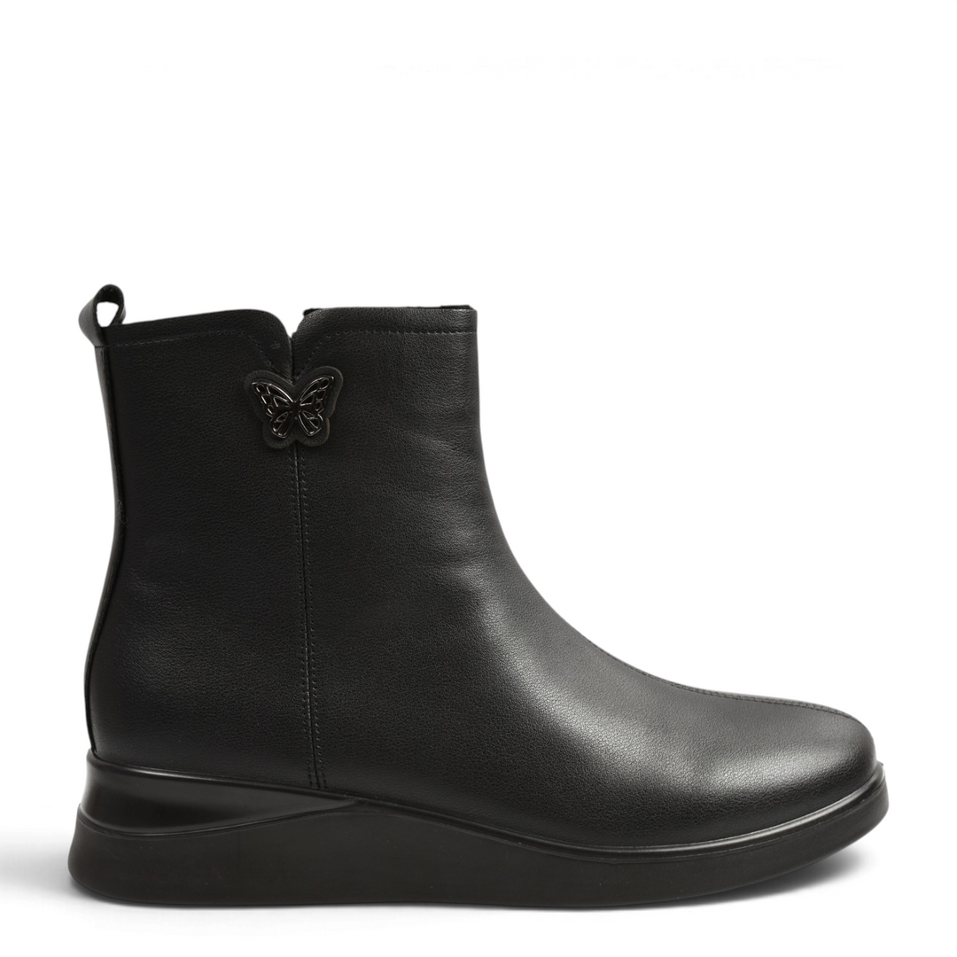 ada-shoes.ro black ankle boots with a butterfly charm, side zipper, and comfortable low wedge sole for women.