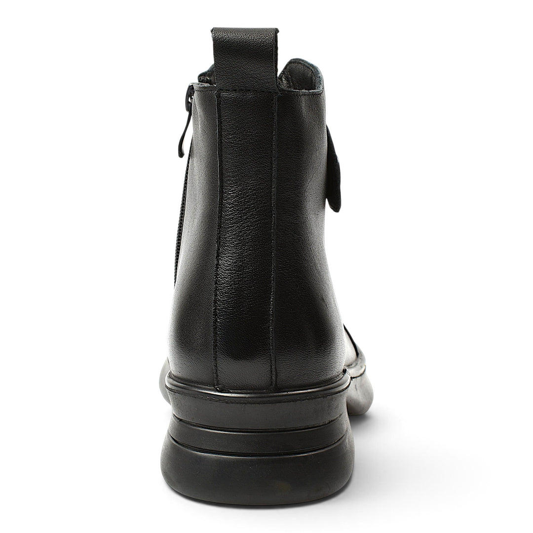 Back view of ada-shoes.ro black leather ankle boots with a flexible sole and side zipper closure