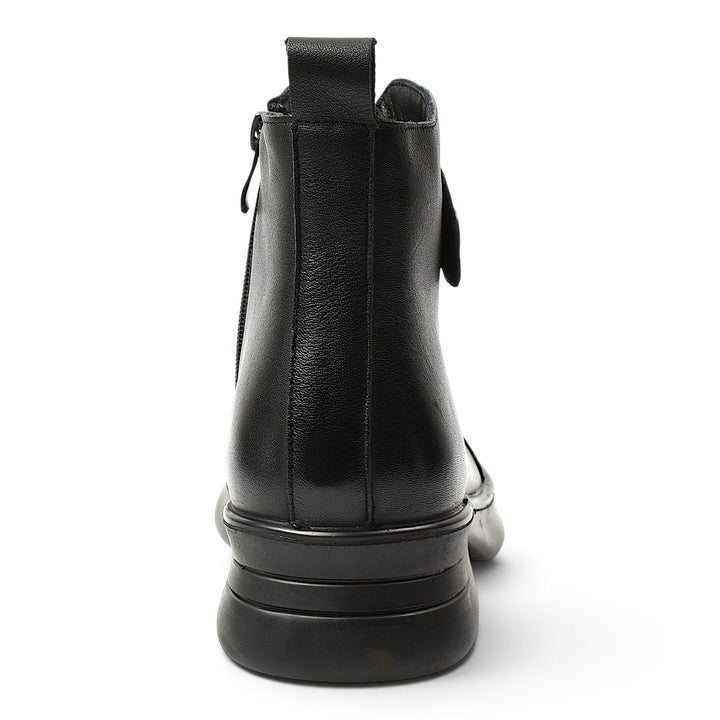 Back view of ada-shoes.ro black leather ankle boots with a flexible sole and side zipper closure