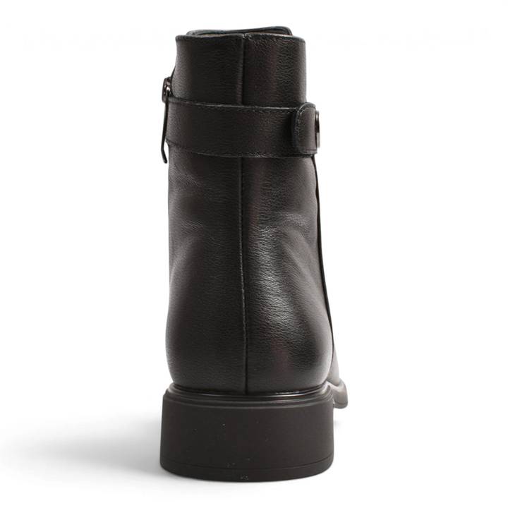 Back view of black leather Pass Collection ankle boots with a decorative strap and metallic detail on a white background
