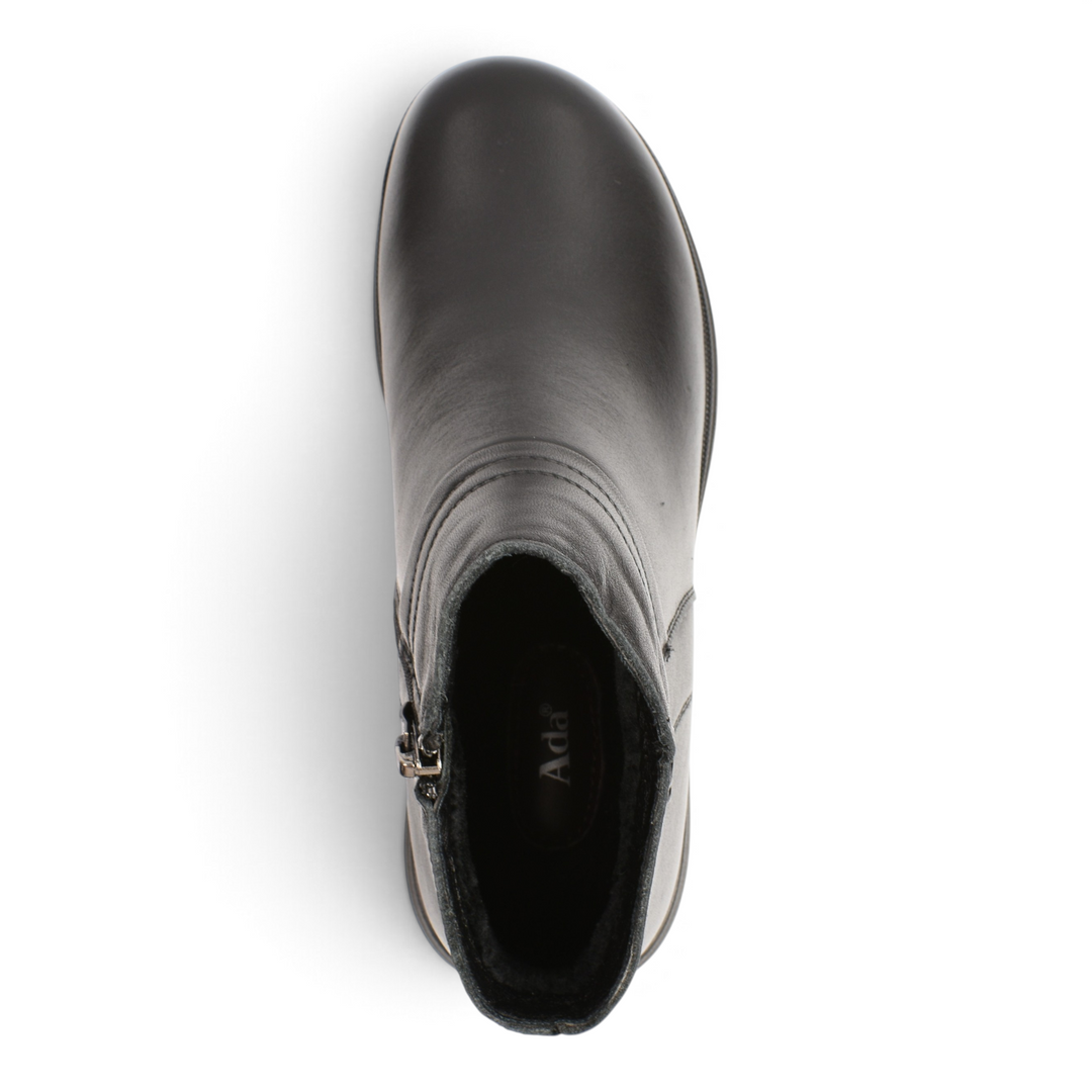 Top view of black leather Ada Shoes H8601-N ankle boots with side zipper and minimalist design.