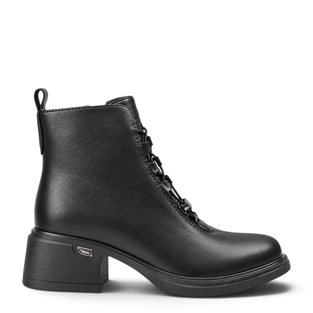 ada-shoes.ro Anna Viotti black leather ankle boots with a block heel, side zipper, and decorative front lacing.