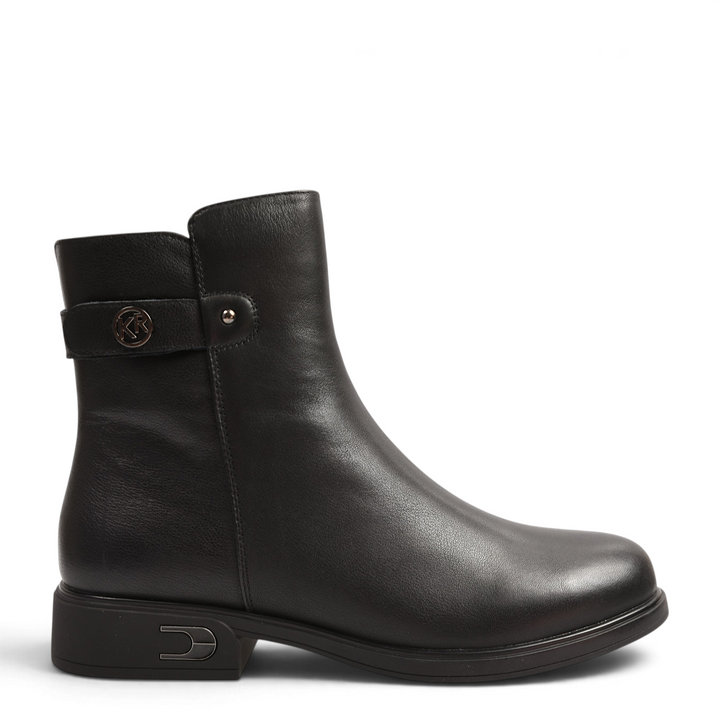 ada-shoes.ro Pass Collection black leather ankle boots with decorative strap, metallic medallion, and low block heel.