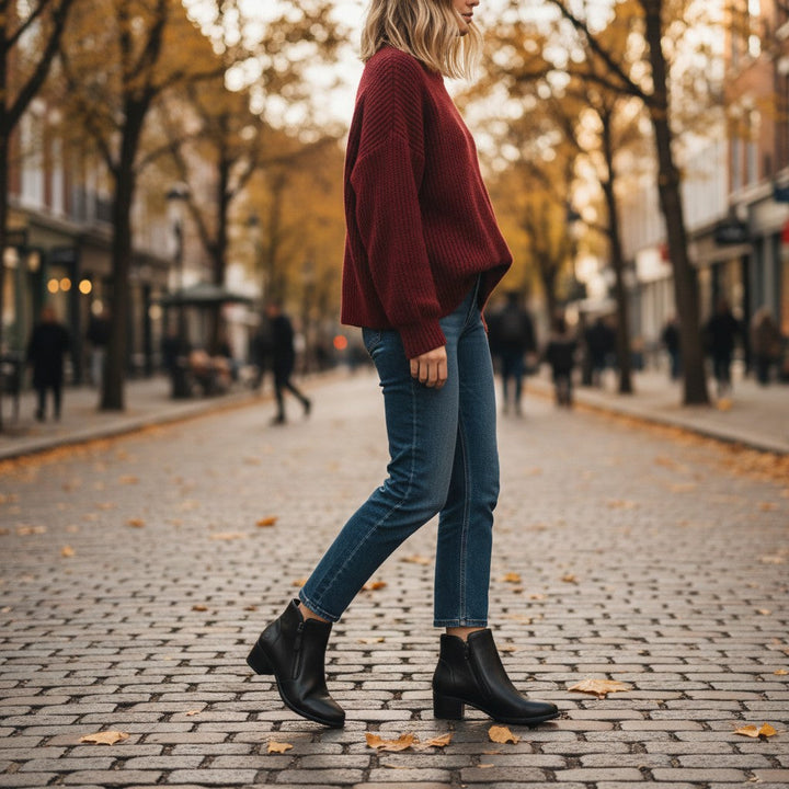 ada-shoes.ro Remonte R5190-00 black leather ankle boots with block heel worn on a cobblestone street in autumn