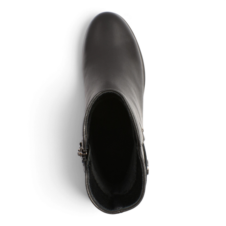 Top-down view of black smooth leather Pass Collection ankle boots with a side zipper from ada-shoes.ro