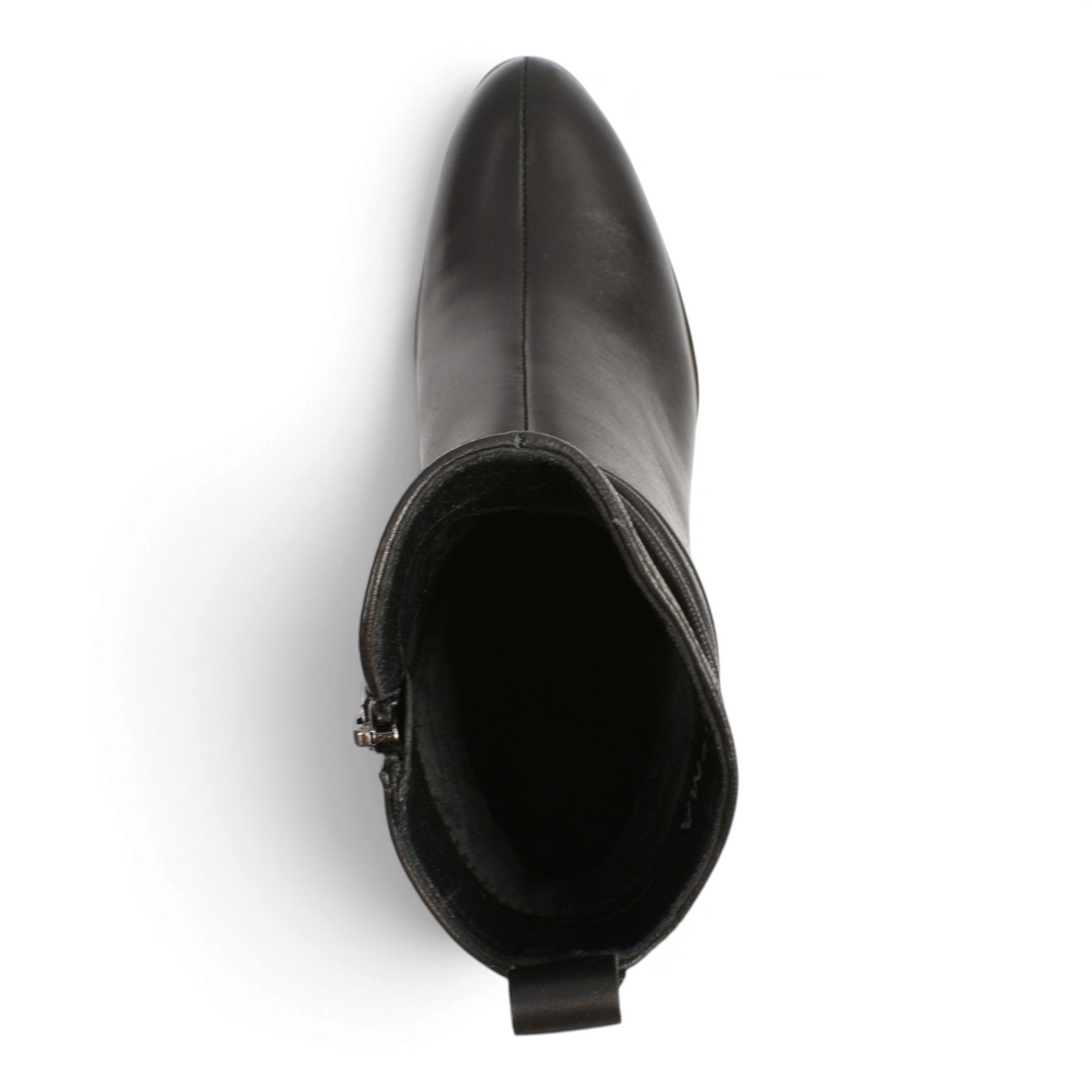 Top view of black leather Karisma ankle boots with a draped shaft design and side zipper from ada-shoes.ro