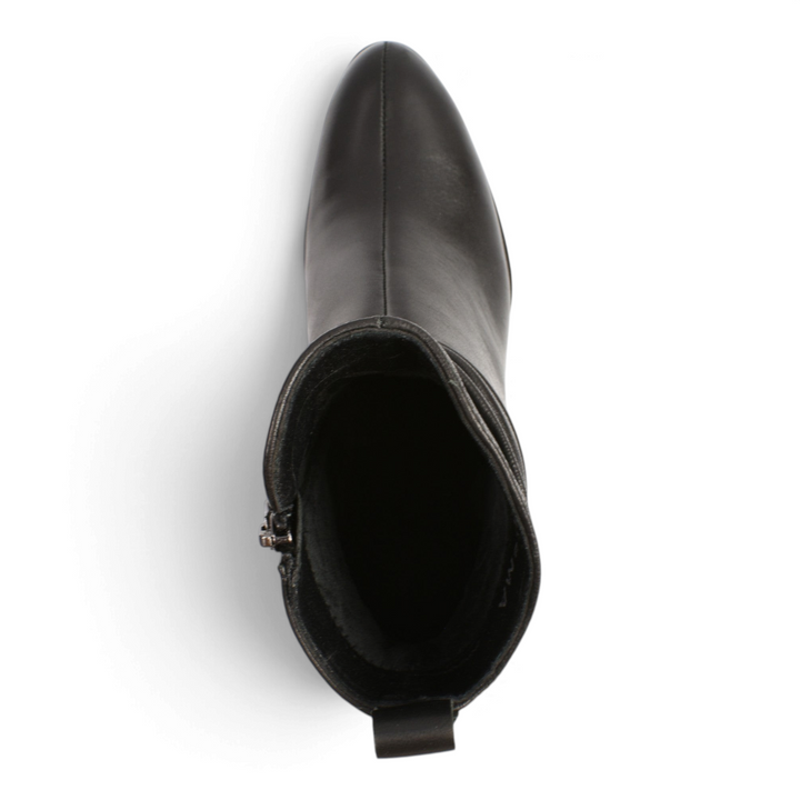 Top view of black leather Karisma ankle boots with a draped shaft design and side zipper from ada-shoes.ro