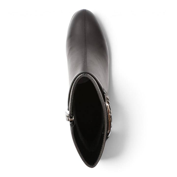 Top-down view of black leather Epica ankle boots featuring a side buckle and zipper, available at ada-shoes.ro