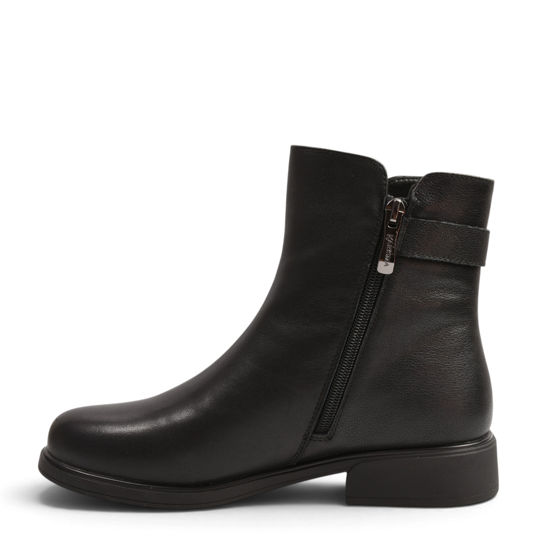 ada-shoes.ro black leather ankle boots with a side zipper, decorative strap, and low block heel for women.