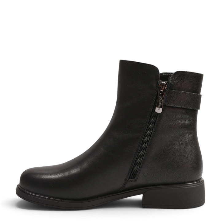 ada-shoes.ro black leather ankle boots with a side zipper, decorative strap, and low block heel for women.