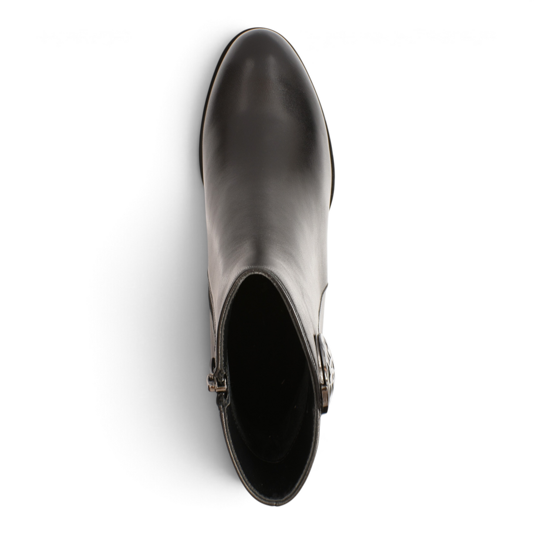 Top view of black leather Epica ankle boots with a side metallic decorative button and zip closure.