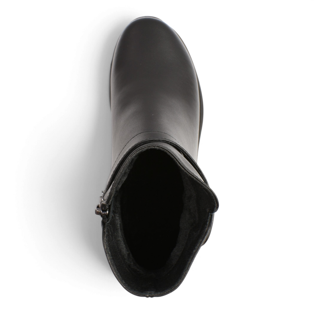 Top view of black leather Pass Collection ankle boots with side zipper and decorative buckle from ada-shoes.ro