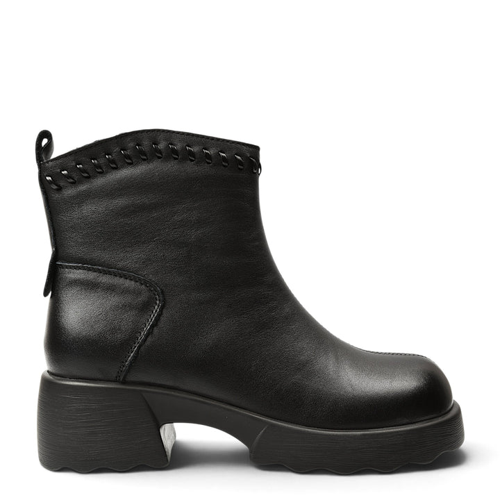 ada-shoes.ro Formazione black leather ankle boots with a 4.5 cm platform sole and decorative stitching detail.