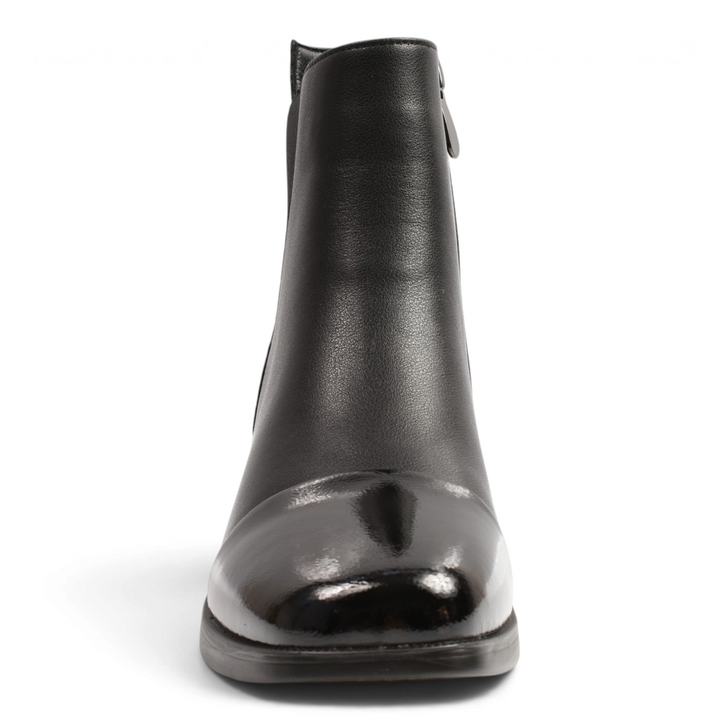 ada-shoes.ro black leather ankle boots with a polished patent leather toe cap and side elastic panel