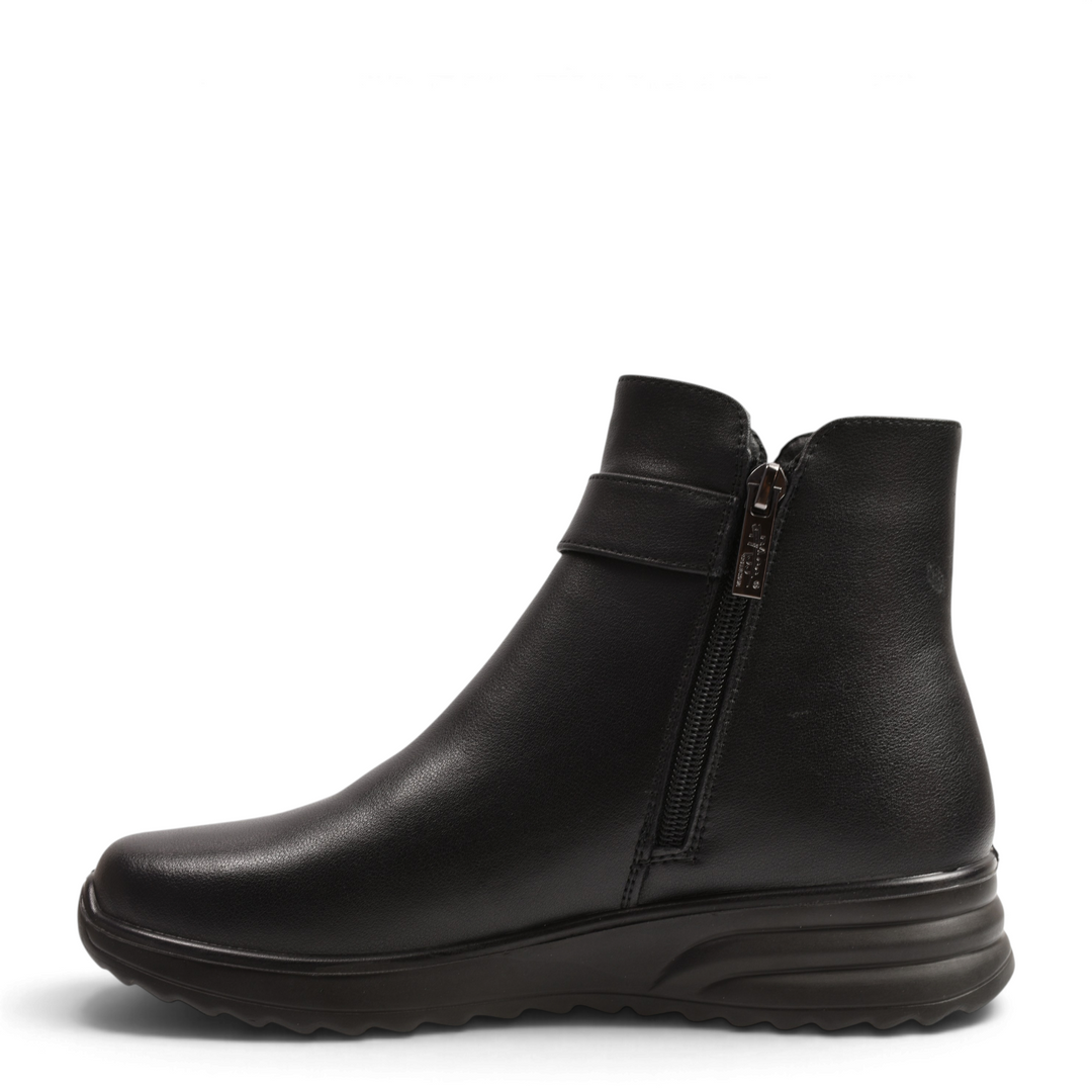 ada-shoes.ro black leather ankle boots with side zipper and decorative buckle strap, featuring a comfortable sole.