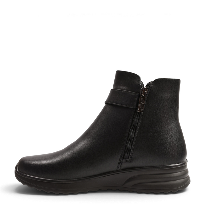 ada-shoes.ro black leather ankle boots with side zipper and decorative buckle strap, featuring a comfortable sole.