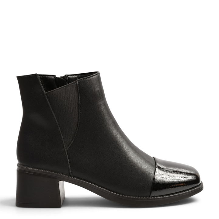 ada-shoes.ro black leather ankle boots with a patent leather toe cap, block heel, and side elastic panel.