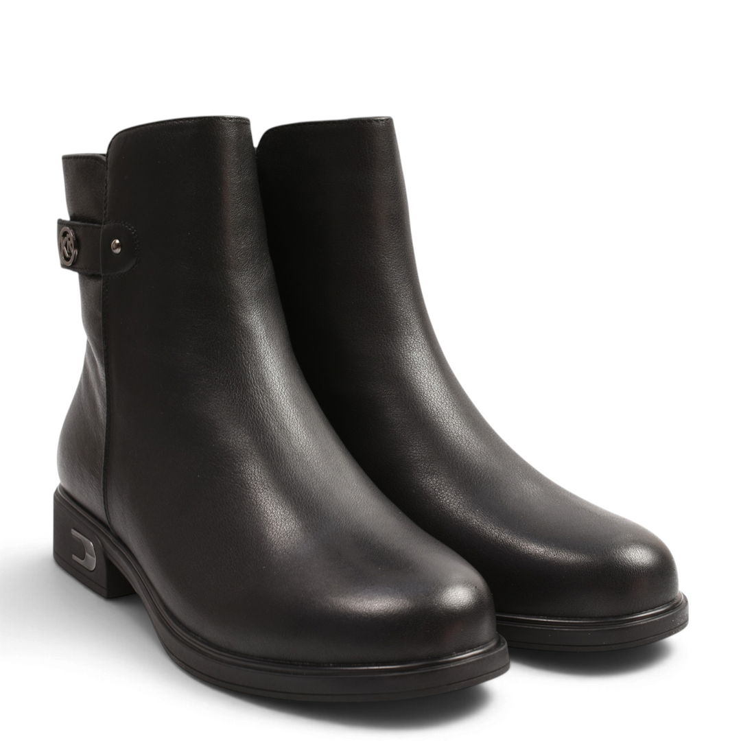 ada-shoes.ro black leather ankle boots with decorative strap, metallic medallion, and low ergonomic heel