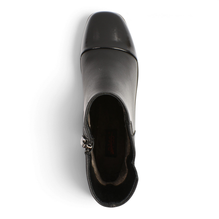 ada-shoes.ro Pass Collection black leather ankle boots with patent leather toe and side zipper, top view.