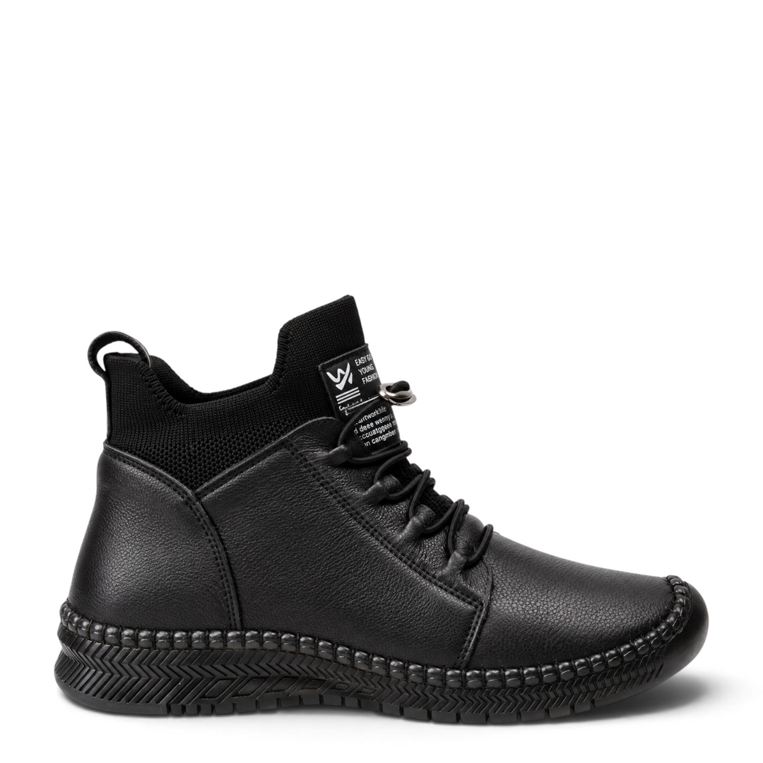 ada-shoes.ro black leather casual ankle boots with elastic laces and flexible textured sole for women
