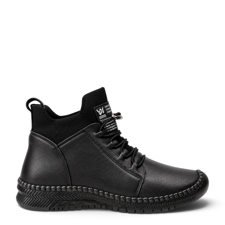 ada-shoes.ro black leather casual ankle boots with elastic laces and flexible textured sole for women