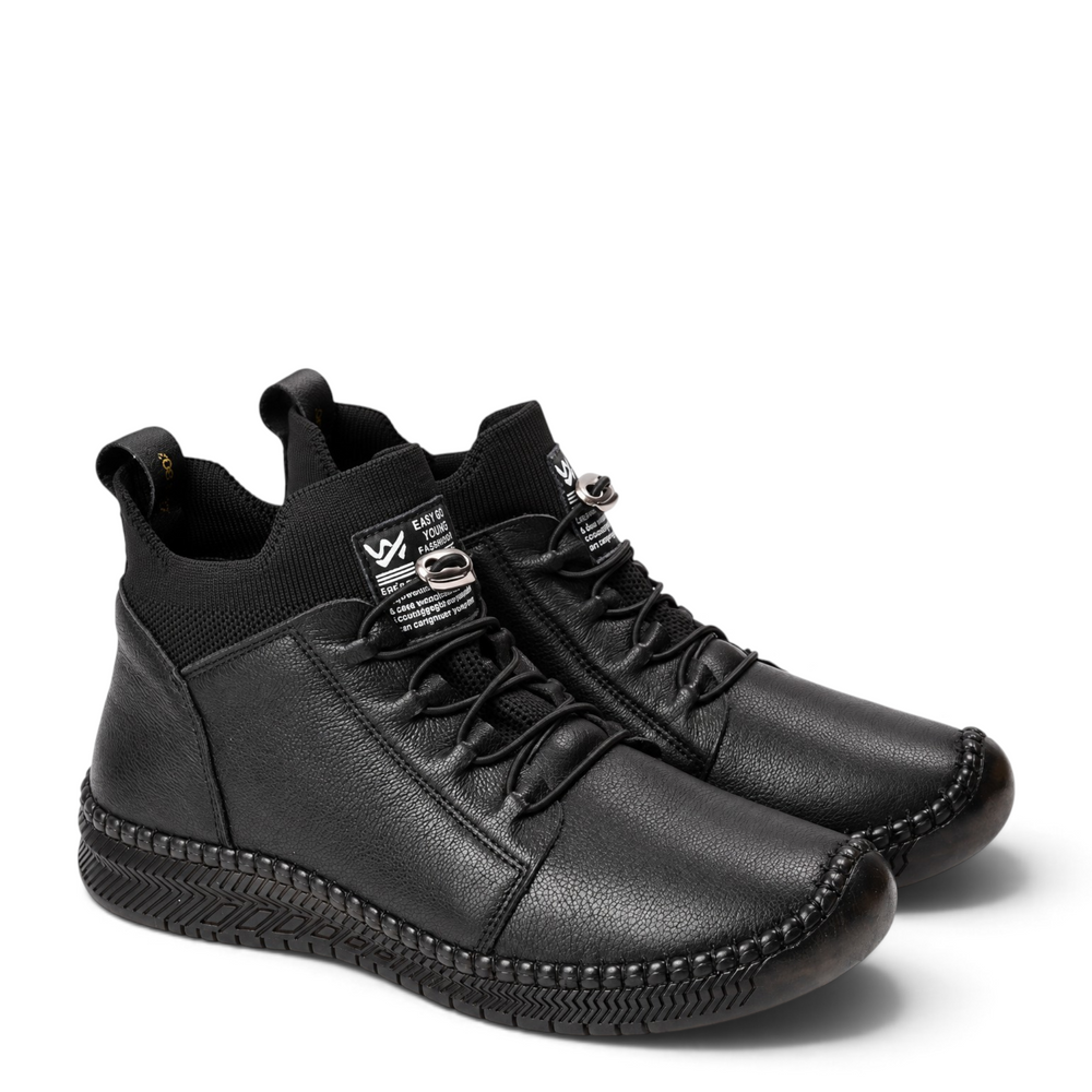 ada-shoes.ro black leather casual women's ankle boots with elastic laces, side zipper, and flexible textured sole