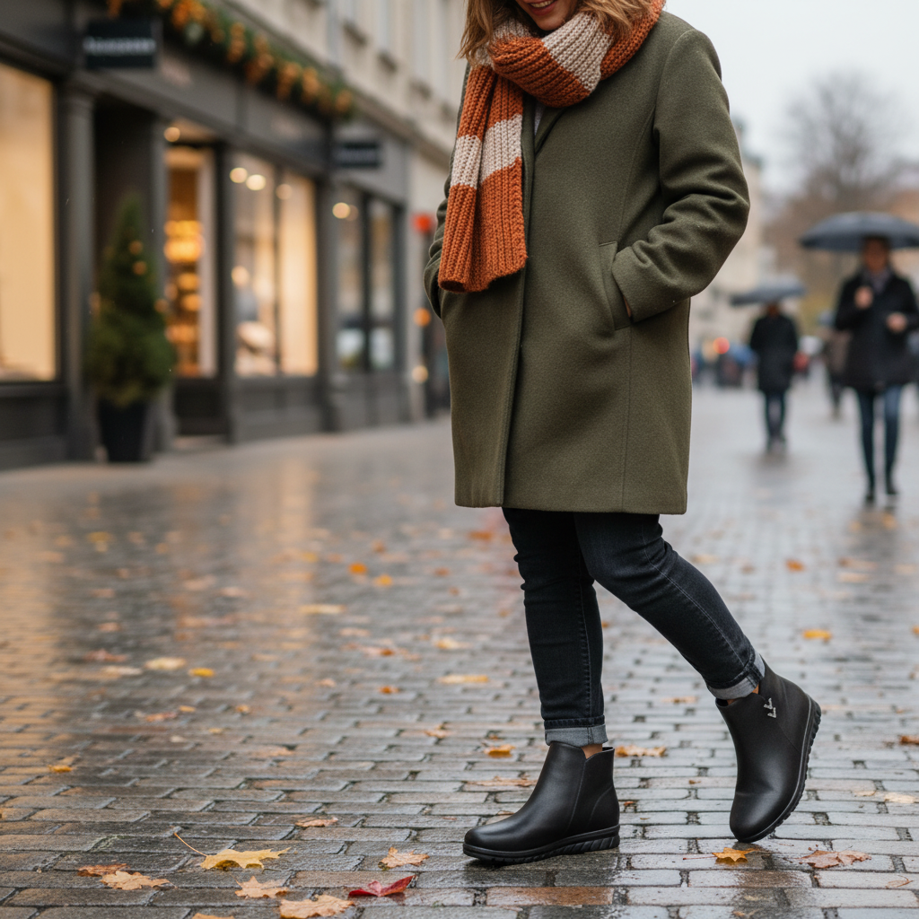 Woman wearing black PASS COLLECTION leather casual boots with a side zipper on a wet city street