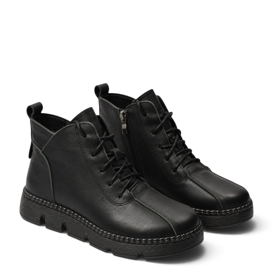 ada-shoes.ro black leather casual ankle boots with laces, side zipper, and flexible lug sole for women