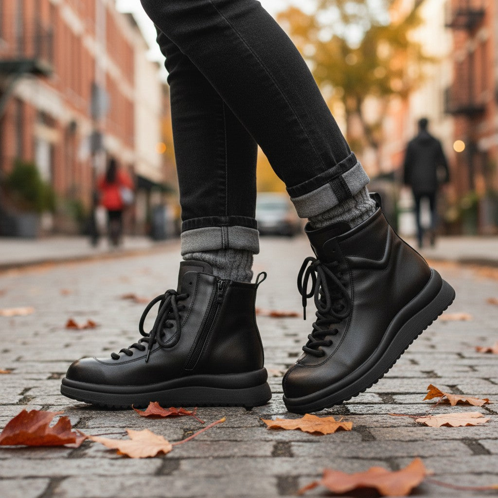 ada-shoes.ro Formazione black leather casual ankle boots with laces and side zipper worn on a city street in autumn