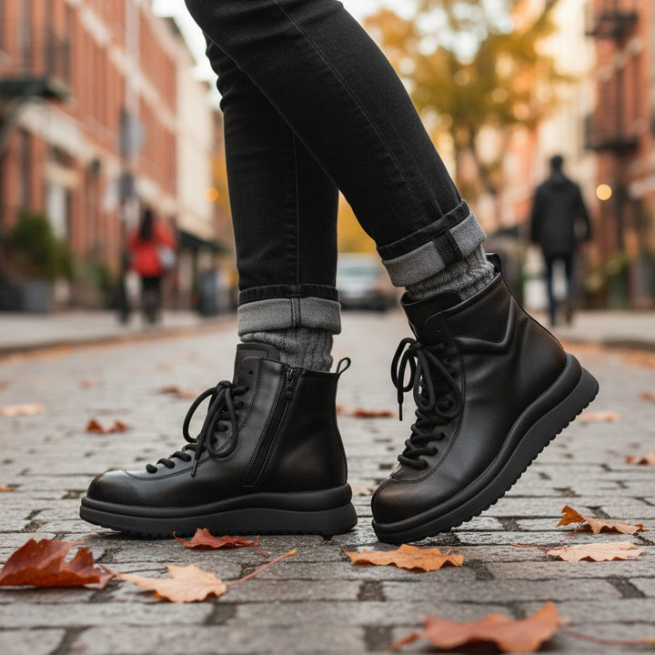 ada-shoes.ro Formazione black leather casual ankle boots with laces and side zipper worn on a city street in autumn