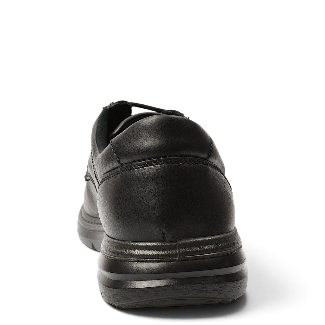 Back view of black leather casual shoes by ada-shoes.ro featuring a flexible stitched sole and lace-up design.
