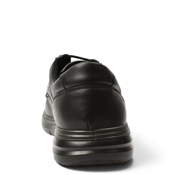 Back view of black leather casual shoes by ada-shoes.ro featuring a flexible stitched sole and lace-up design.