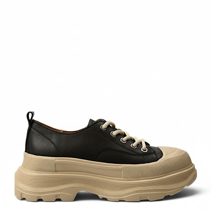 ada-shoes.ro black leather sneakers with a chunky beige platform sole and lace-up closure for women