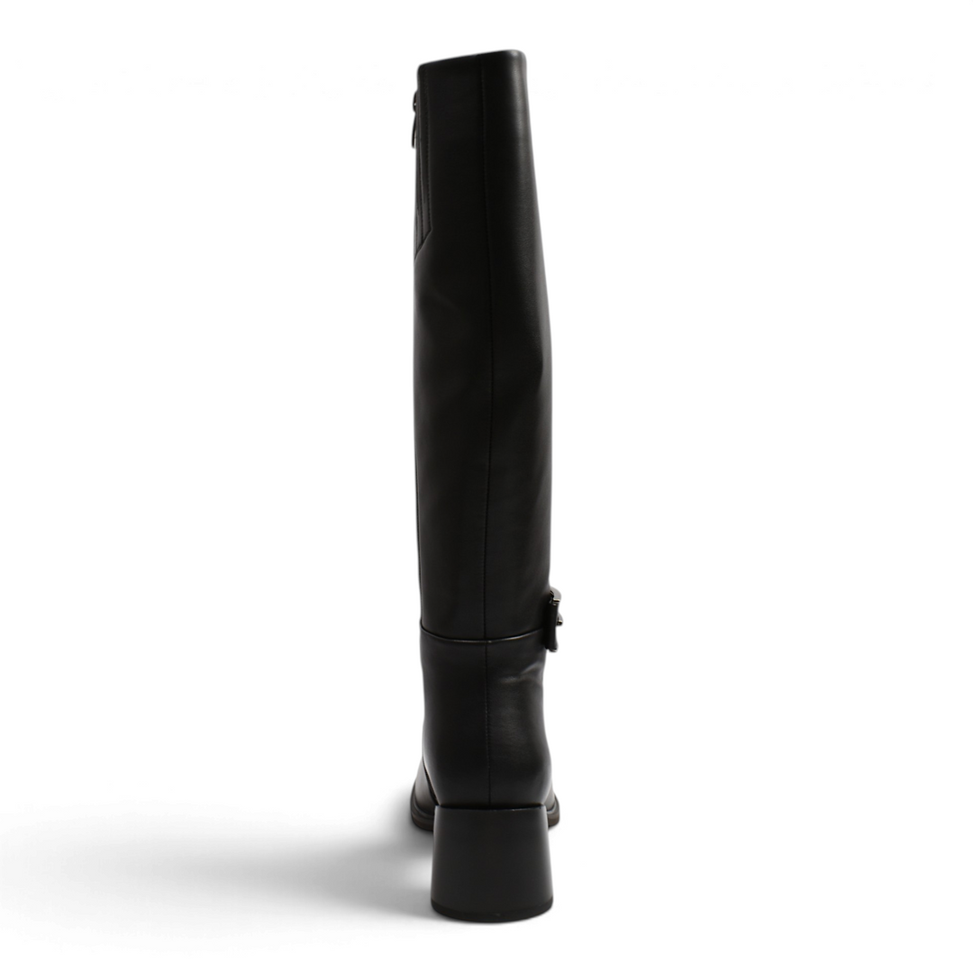 ada-shoes.ro Epica black leather knee-high boots with a block heel and side metal detail, back view