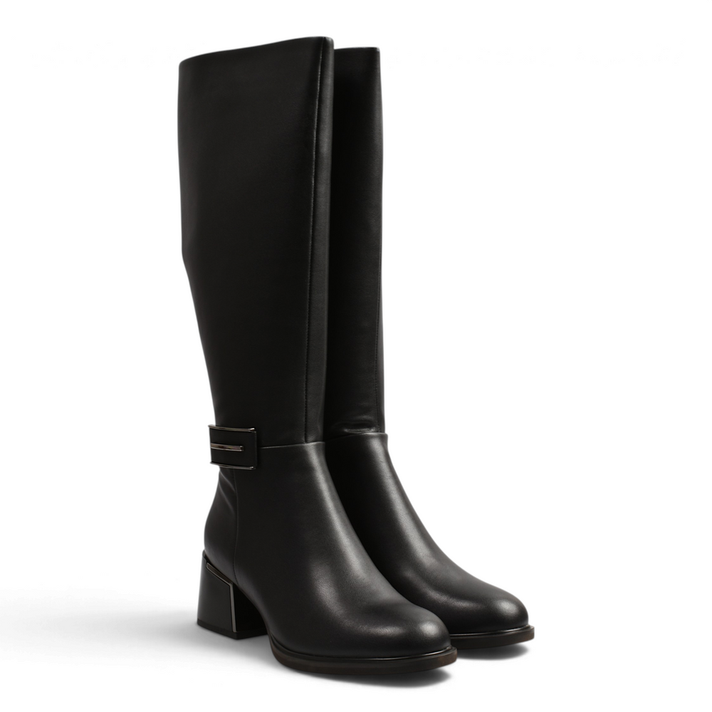 ada-shoes.ro black leather knee-high boots with a mid-height block heel and metallic ankle detail