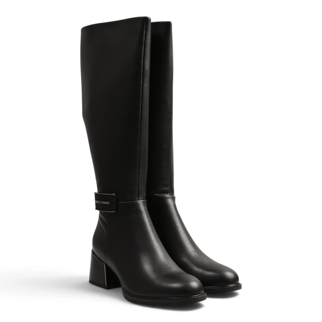 ada-shoes.ro black leather knee-high boots with a mid-height block heel and metallic ankle detail