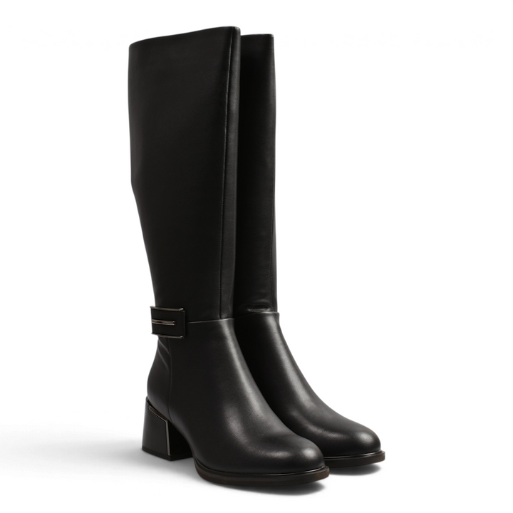 ada-shoes.ro black leather knee-high boots with a mid-height block heel and metallic ankle detail