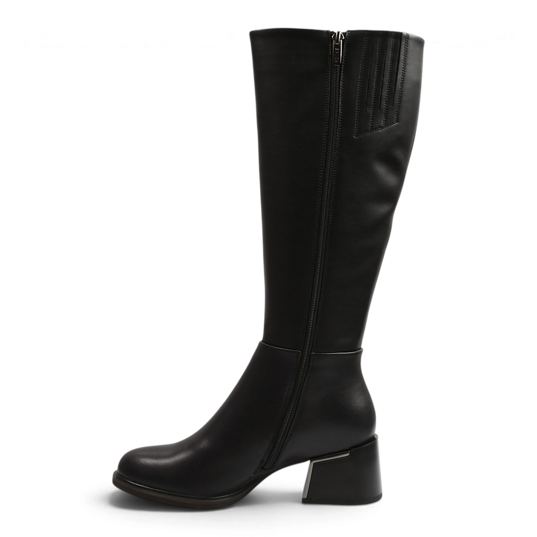 ada-shoes.ro Epica black knee-high leather boots with a block heel, side zipper, and metallic ankle detail