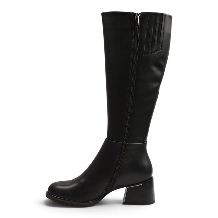 ada-shoes.ro Epica black knee-high leather boots with a block heel, side zipper, and metallic ankle detail