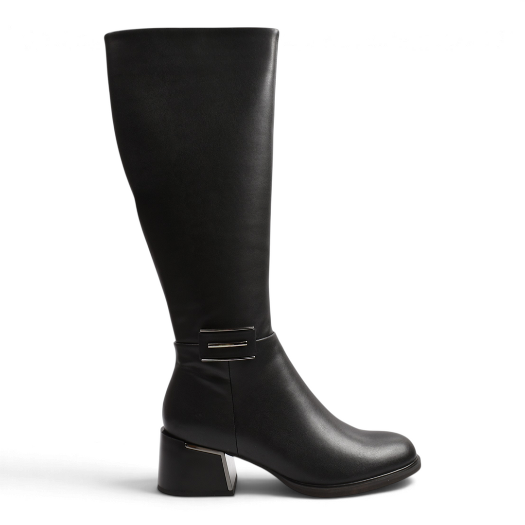 ada-shoes.ro Epica black leather knee-high boots with a block heel and metallic ankle detail