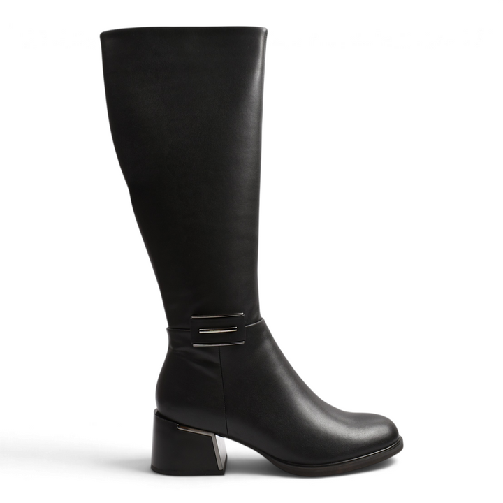 ada-shoes.ro Epica black leather knee-high boots with a block heel and metallic ankle detail