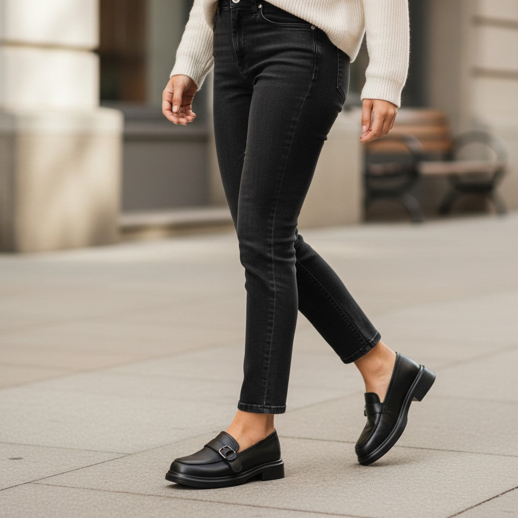 ada-shoes.ro Anna Viotti black leather casual loafers with a side buckle detail worn with black jeans