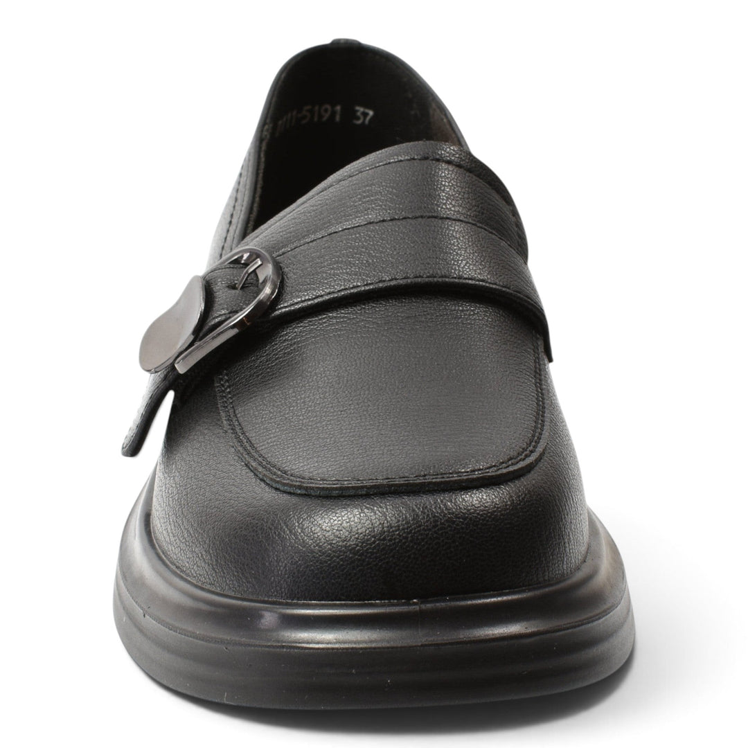 ada-shoes.ro Anna Viotti black casual leather loafers with a decorative side buckle and thick rubber sole