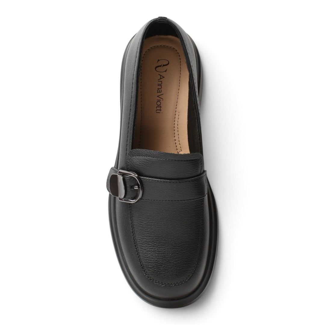 ada-shoes.ro Anna Viotti black leather casual loafers with a decorative buckle detail, top-down view