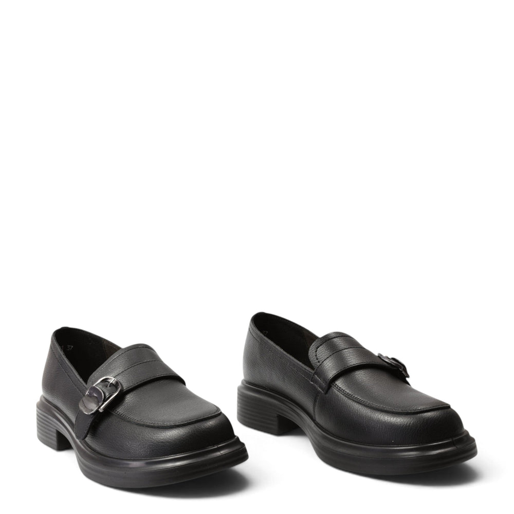 ada-shoes.ro Anna Viotti black leather casual loafers with a side buckle and chunky sole